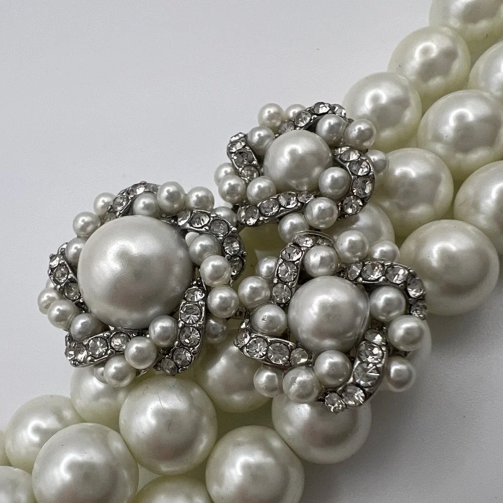 Charter Club Faux Pearl‎ Triple Strand Crystal Flower Statement Necklace Silver